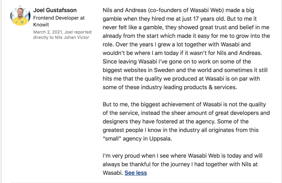 Joel gick från från Wasabi Web till H&M och Klarna